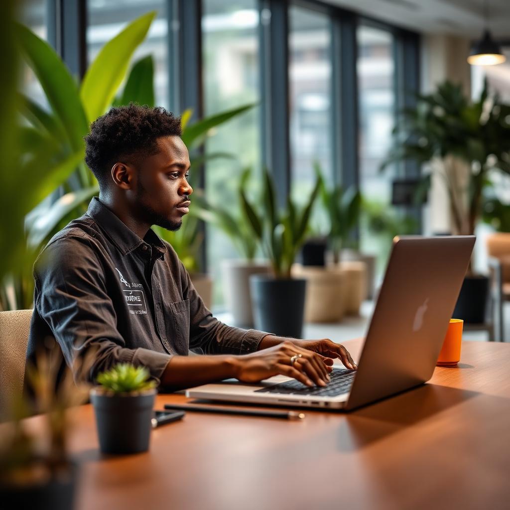 Kenyan software developer working in a Nairobi tech office